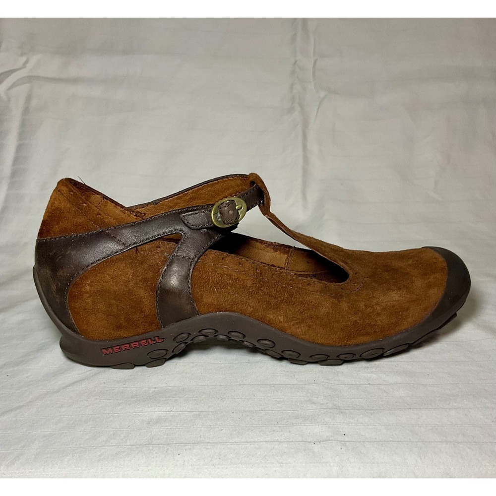 Womens Merrell Mary Jane Wedge Shoes Suede Leather Brown Size 8 - Picture 2 of 7